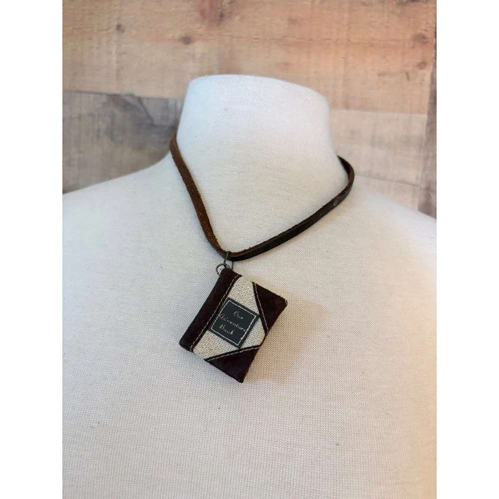 Our Adventure Book Miniature Journal Pendant Necklace Brown Suede Burlap